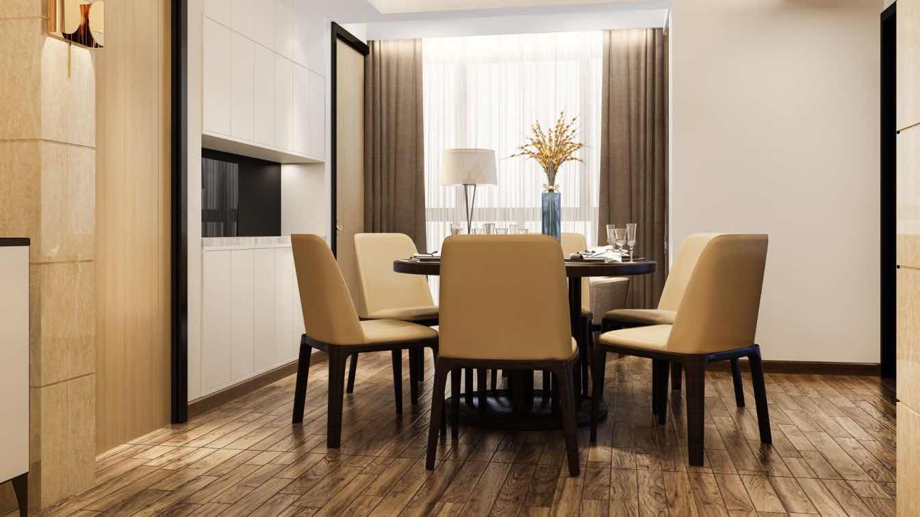 A stylish modern dining room featuring a dark wood table paired with chairs of a similar tone, illuminated by natural light.
