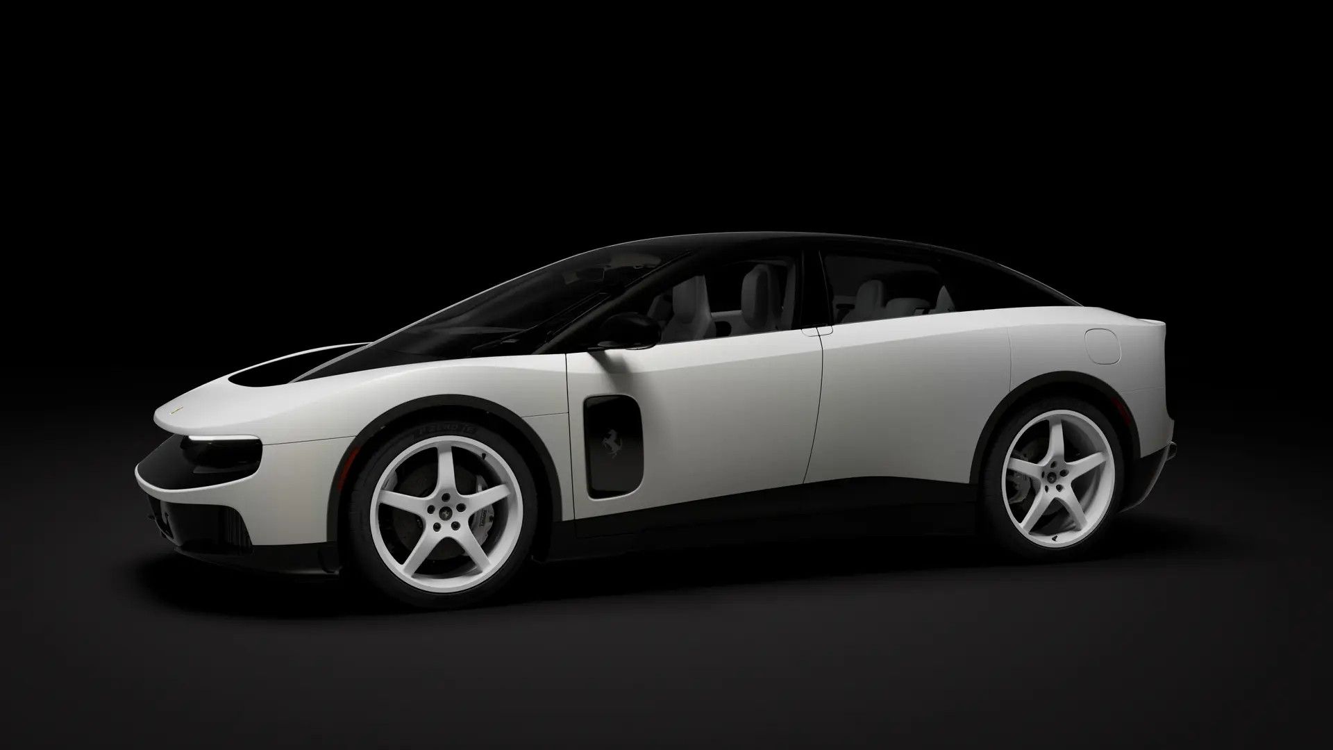 The 2026 Ferrari Luce Chassis 0, showcasing its unique Madreperla Semi-Gloss white exterior and elegant design.