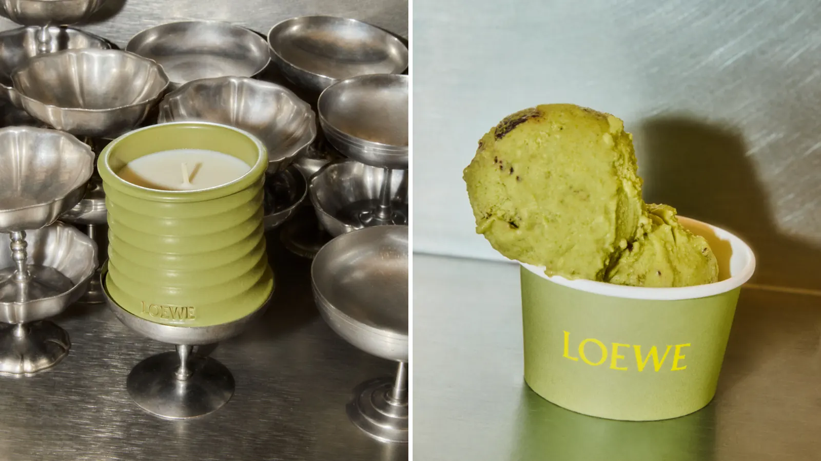 Exterior view of The Dreamery ice cream bar in Islington, North London, painted in a pale pistachio green with subtle Loewe Perfumes branding, indicating a temporary pop-up.