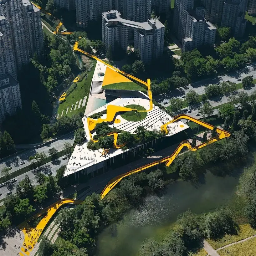 Snøhetta’s Banpo Ecological Playscape proposal with elevated walkways, wetlands and public terraces overlooking the Hangang River in Seoul.