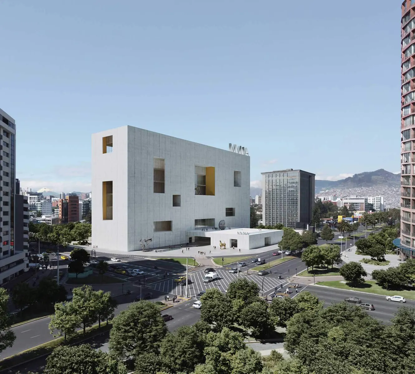 Rendering of the proposed "Echos del Sol" design for the National Museum of Ecuador, featuring a concrete box with large apertures.