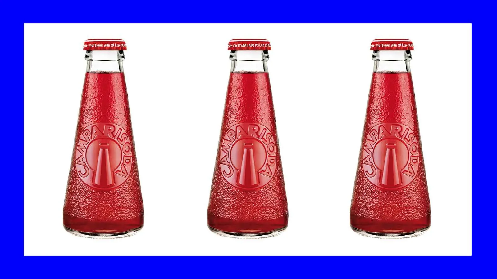 The iconic frosted inverted-goblet silhouette of the Campari Soda bottle.
