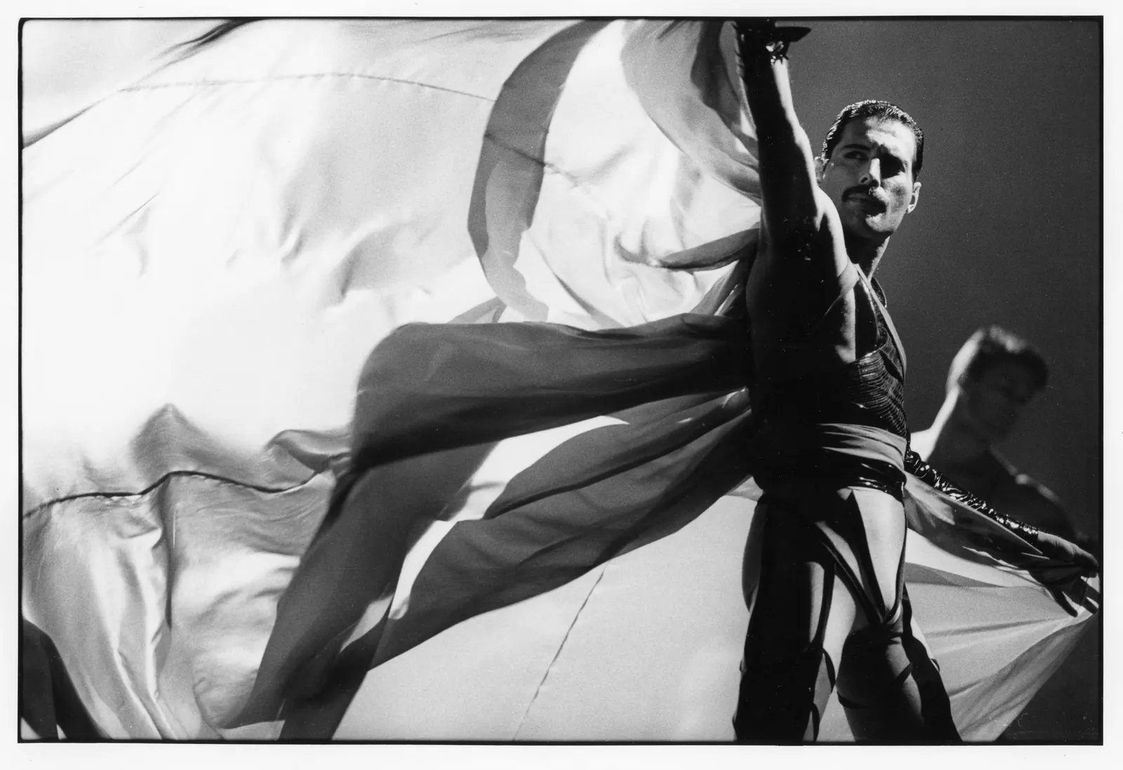 Freddie Mercury performing in the Mercury Wing black-and-white catsuit designed by Wendy de Smet, as seen in the Bohemian Rhapsody video