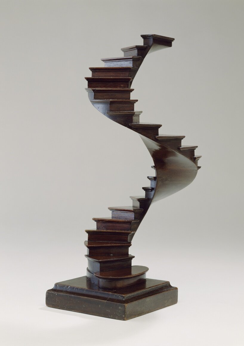 A miniature spiral staircase model in English style, late 19th century, part of the Eugene and Clare Thaw gift to Cooper Hewitt, showing intricate balustrades and wooden steps.