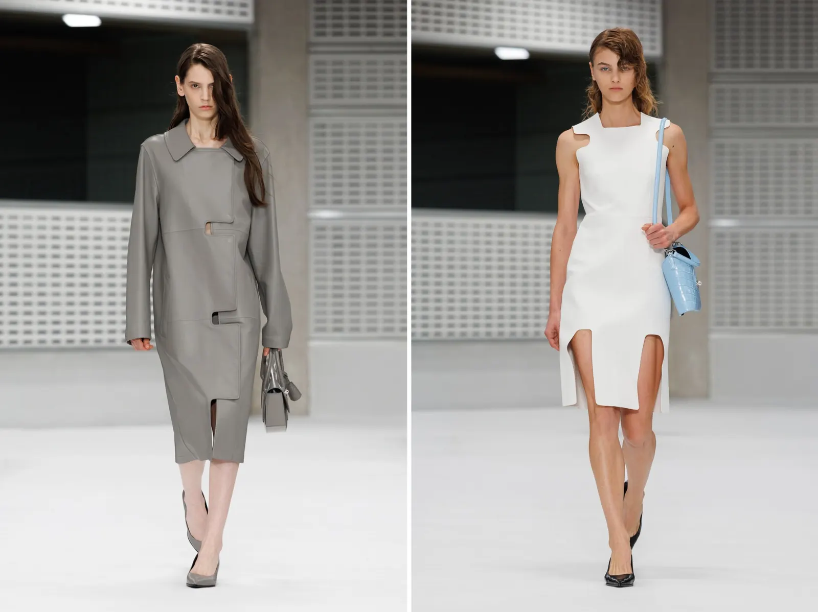 Models on the runway at Christopher Kane’s debut Mulberry show during London Fashion Week, featuring structured leather bags and minimal silhouettes.
