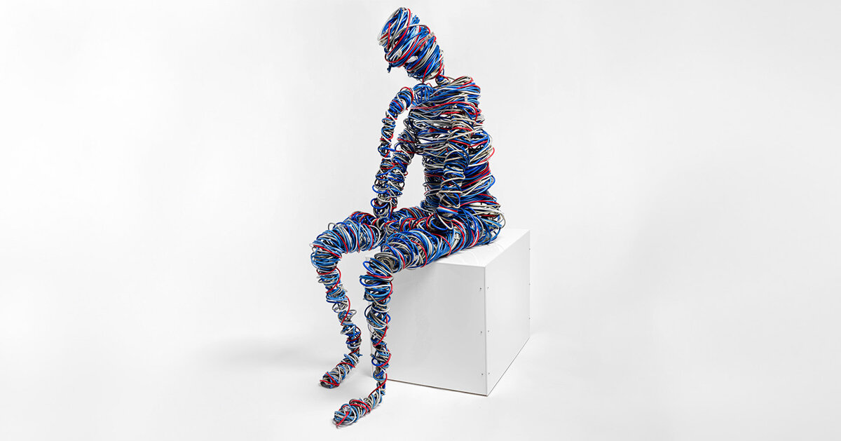 Cables and steel recast Rodin’s Thinker as a sculpture of the networked age