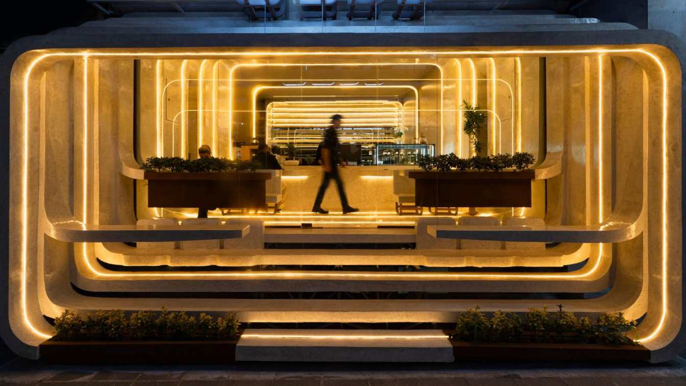 Continuous ring geometry on floor, wall and ceiling inside Daroon Café by Maze Studio, Mashhad